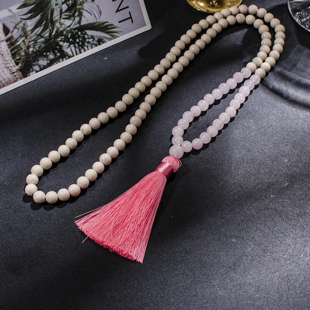 8mm White Fossil Rose Quartz Beaded 108 Mala Necklace Meditation