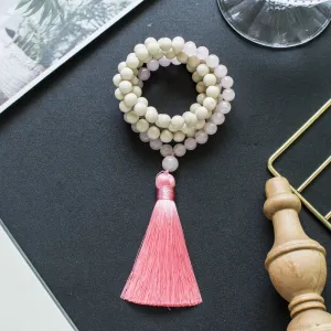 8mm White Fossil Rose Quartz Beaded 108 Mala Necklace Meditation