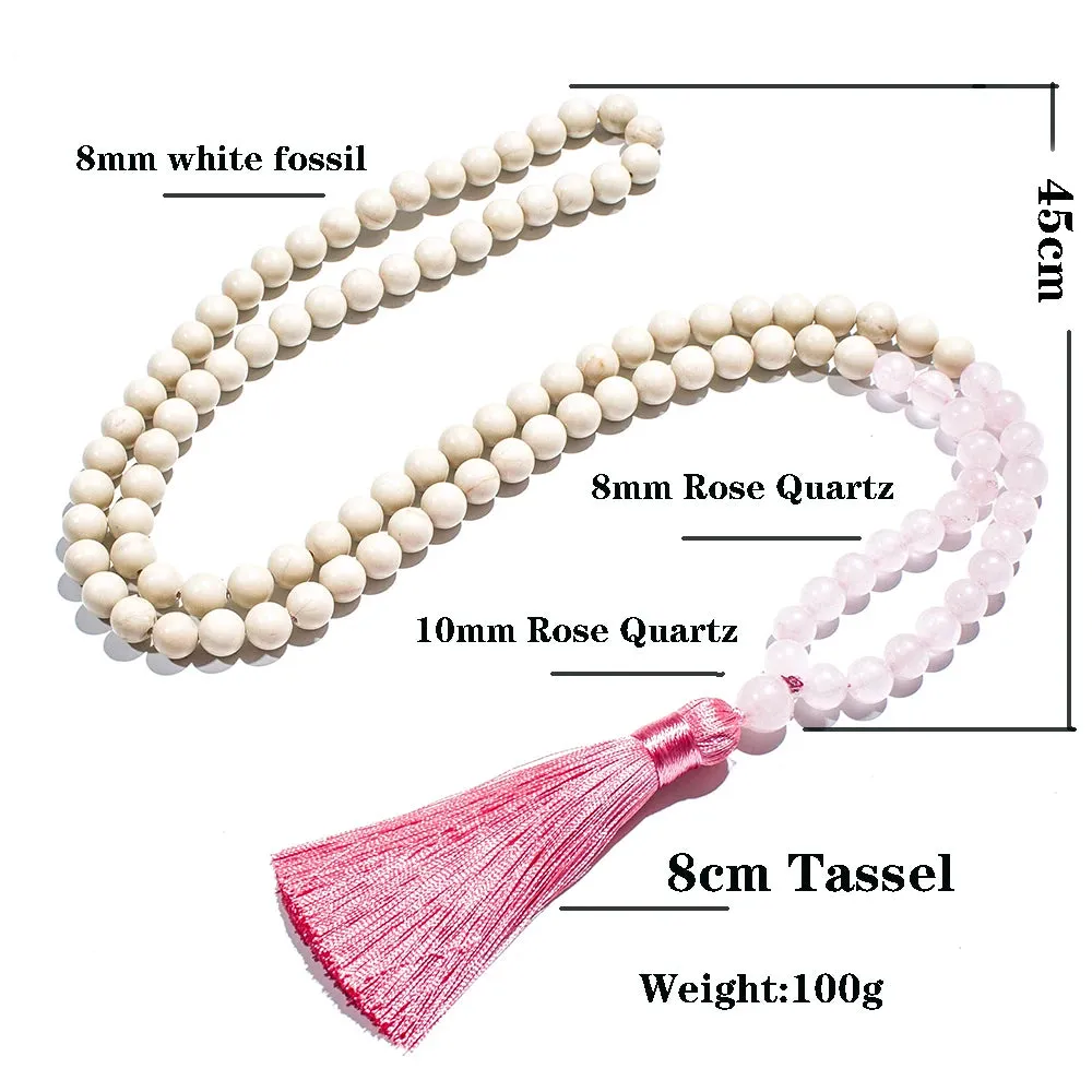 8mm White Fossil Rose Quartz Beaded 108 Mala Necklace Meditation