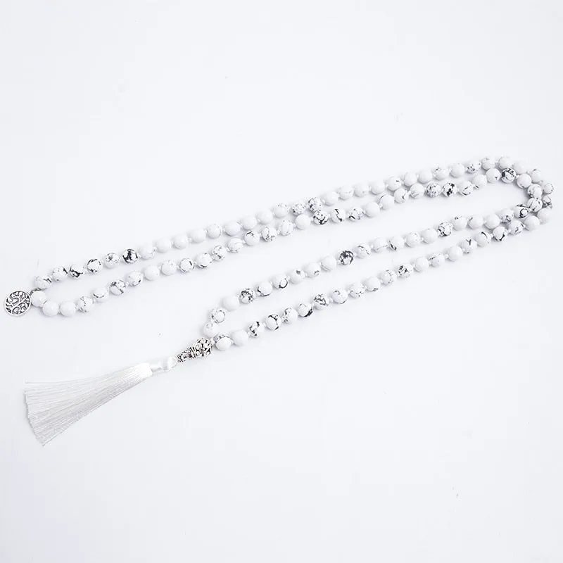 8mm White Howlite Knotted Mala Necklace Meditation Yoga Blessing Jewelry