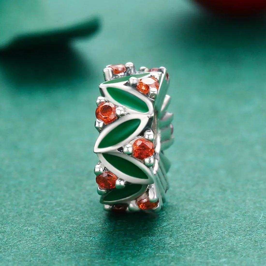925 Sterling Silver Christmas Leaves Red Gemstone Inlay Accessory