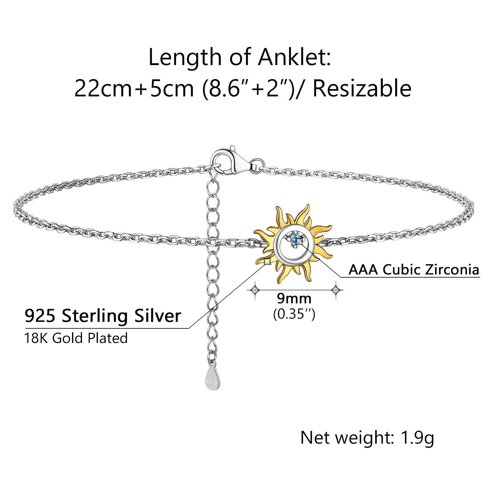 925 Sterling Silver Sun Charm Anklet for Women