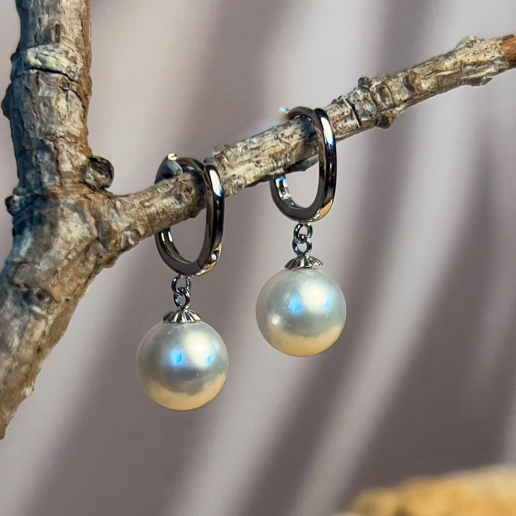 9kt White Gold huggie style South Sea 8.5-9mm Pearl earrings