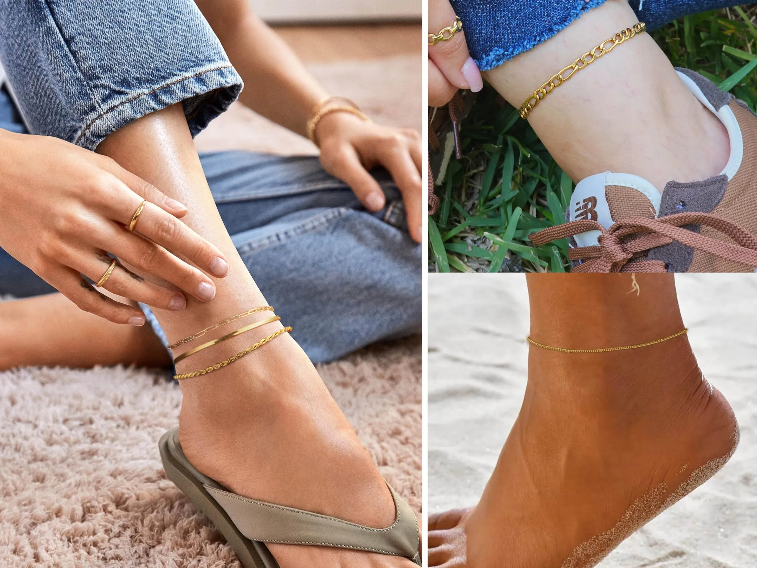 Amicon 6Pcs Gold Anklets for Women Waterproof 14K Gold Plated Ankle Bracelets for Women Trendy Layered Cuban Link Chain Herringbone Cute Anklets set Beach Jewelry Fashion Gift for Women