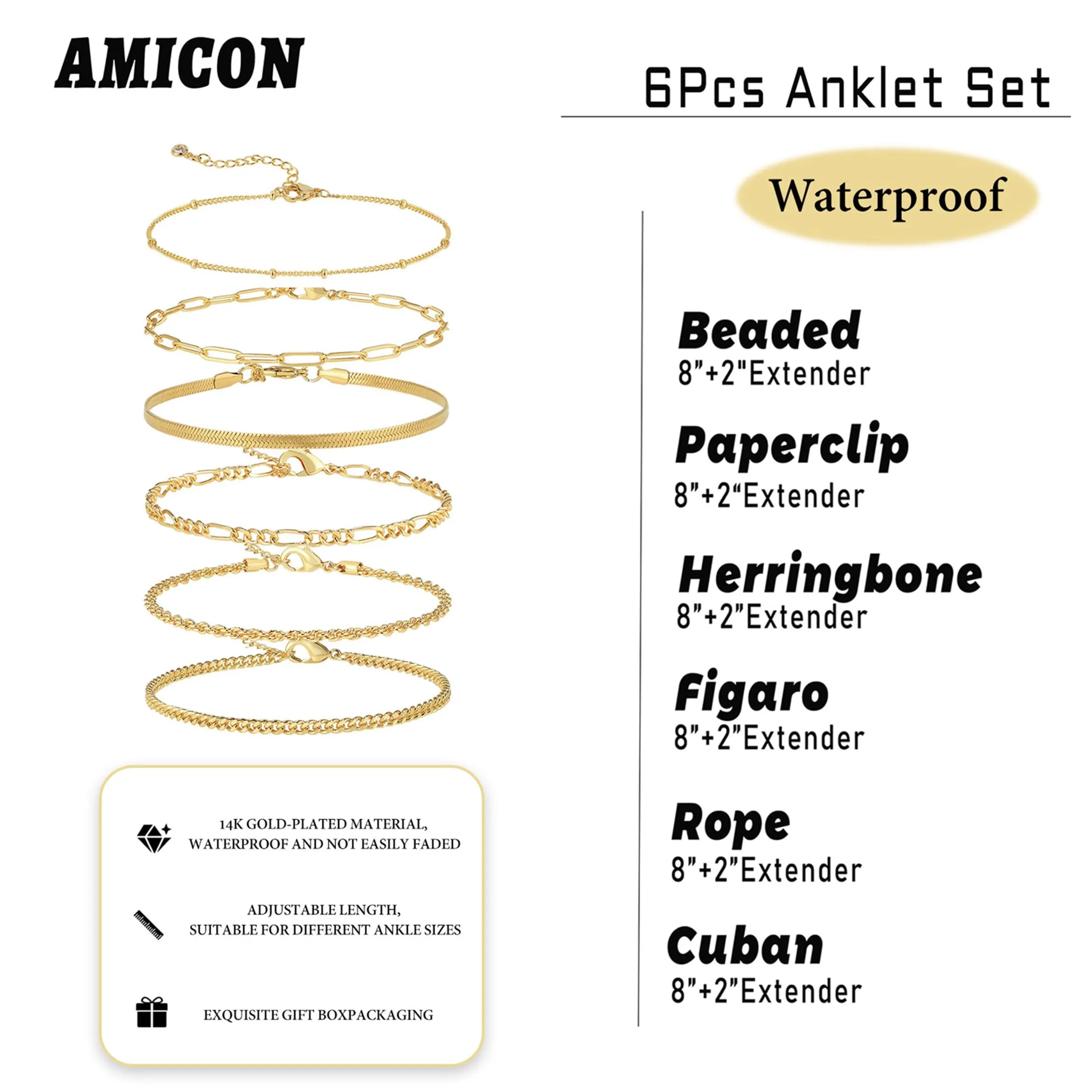 Amicon 6Pcs Gold Anklets for Women Waterproof 14K Gold Plated Ankle Bracelets for Women Trendy Layered Cuban Link Chain Herringbone Cute Anklets set Beach Jewelry Fashion Gift for Women