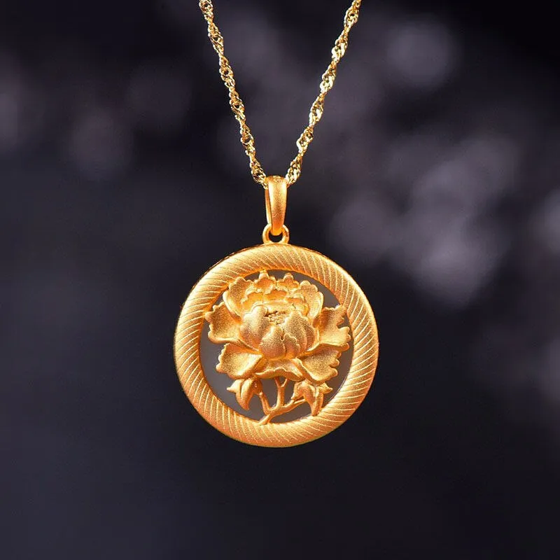 Ancient gold craft inlaid rich flowers natural Hetian jade peony necklace pendant