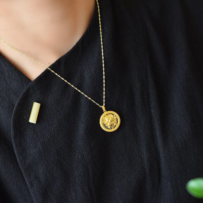 Ancient gold craft inlaid rich flowers natural Hetian jade peony necklace pendant