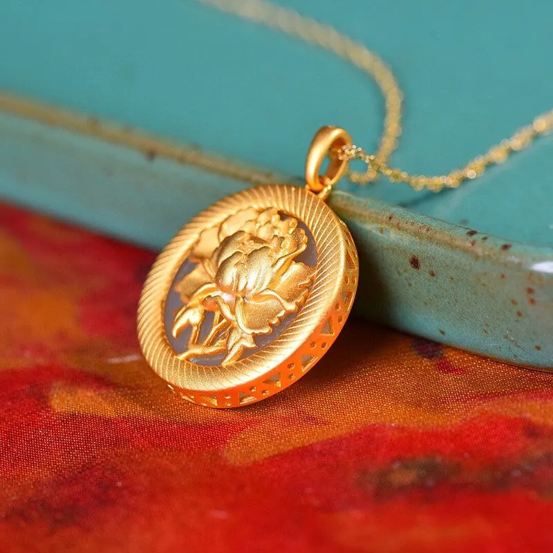 Ancient gold craft inlaid rich flowers natural Hetian jade peony necklace pendant