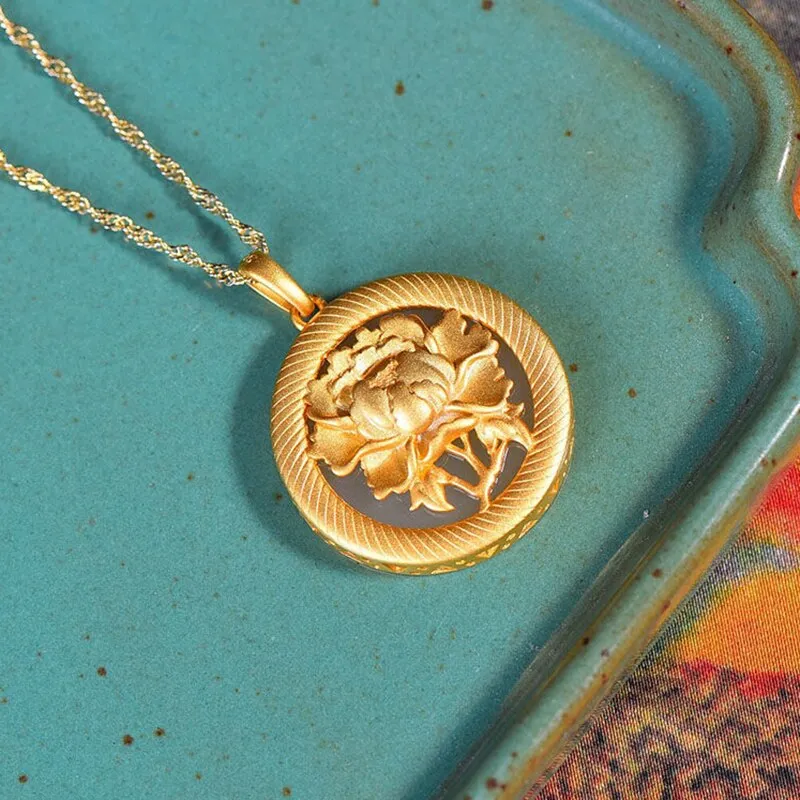 Ancient gold craft inlaid rich flowers natural Hetian jade peony necklace pendant