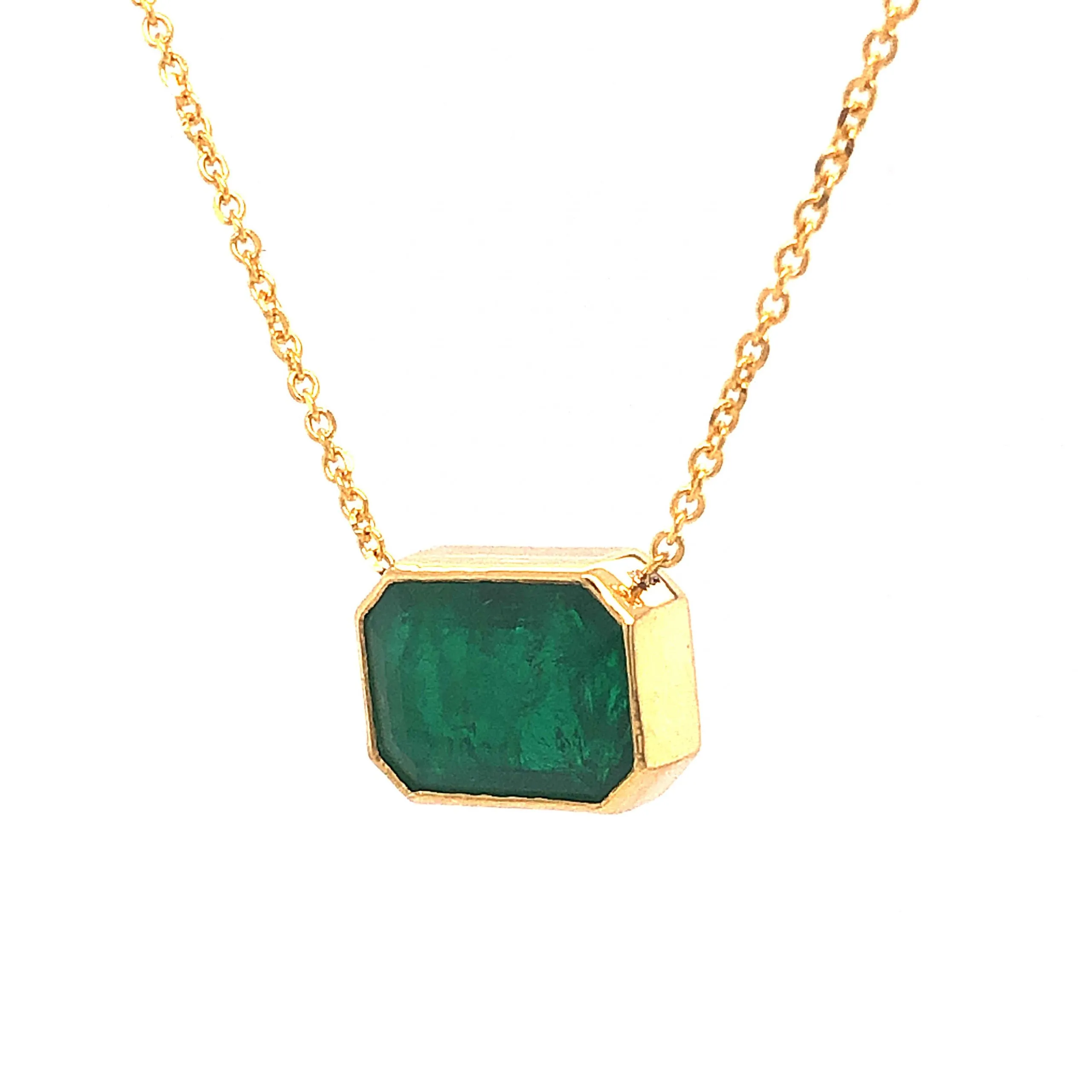 Bezel Set Emerald Pendant Necklace in 14k Yellow Gold