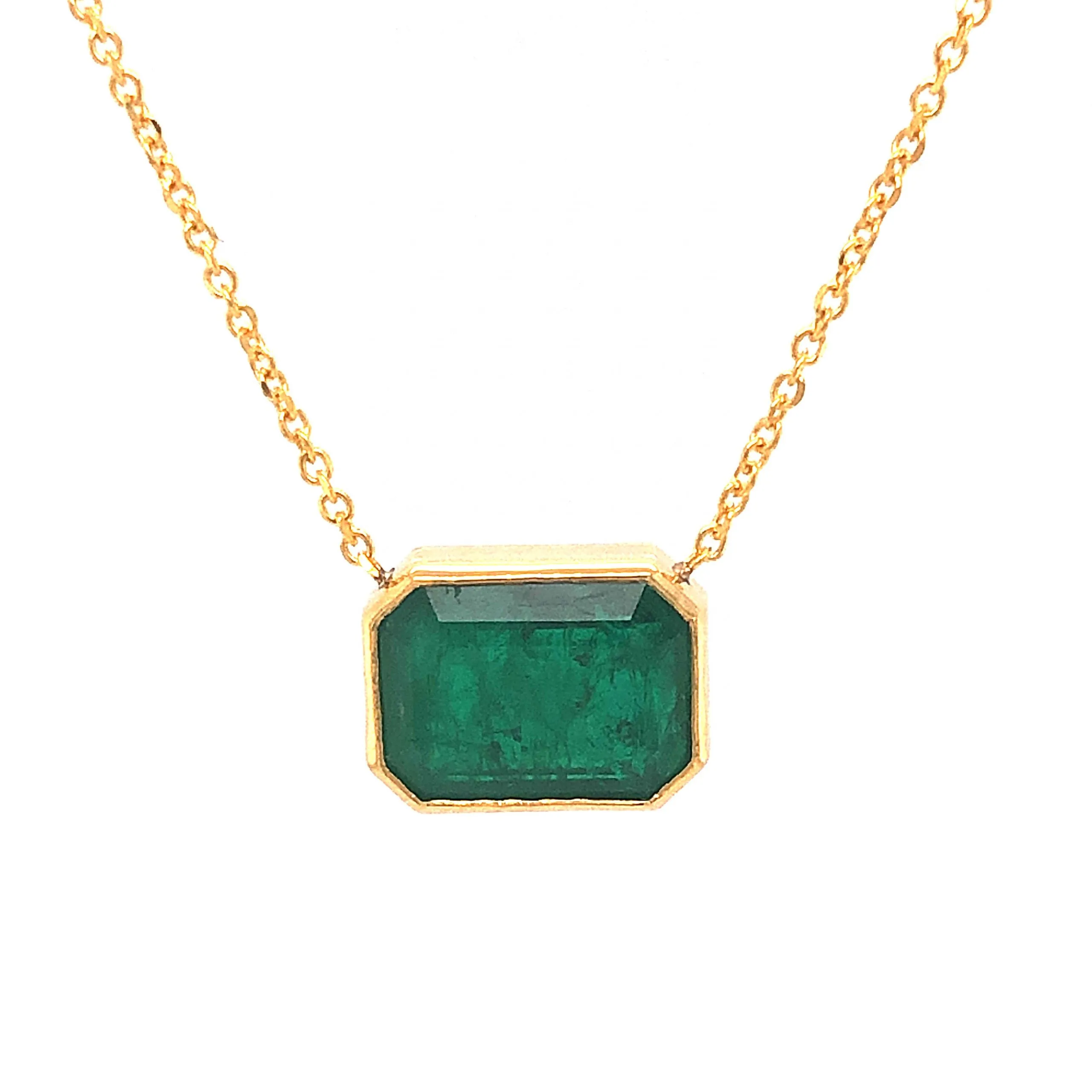 Bezel Set Emerald Pendant Necklace in 14k Yellow Gold