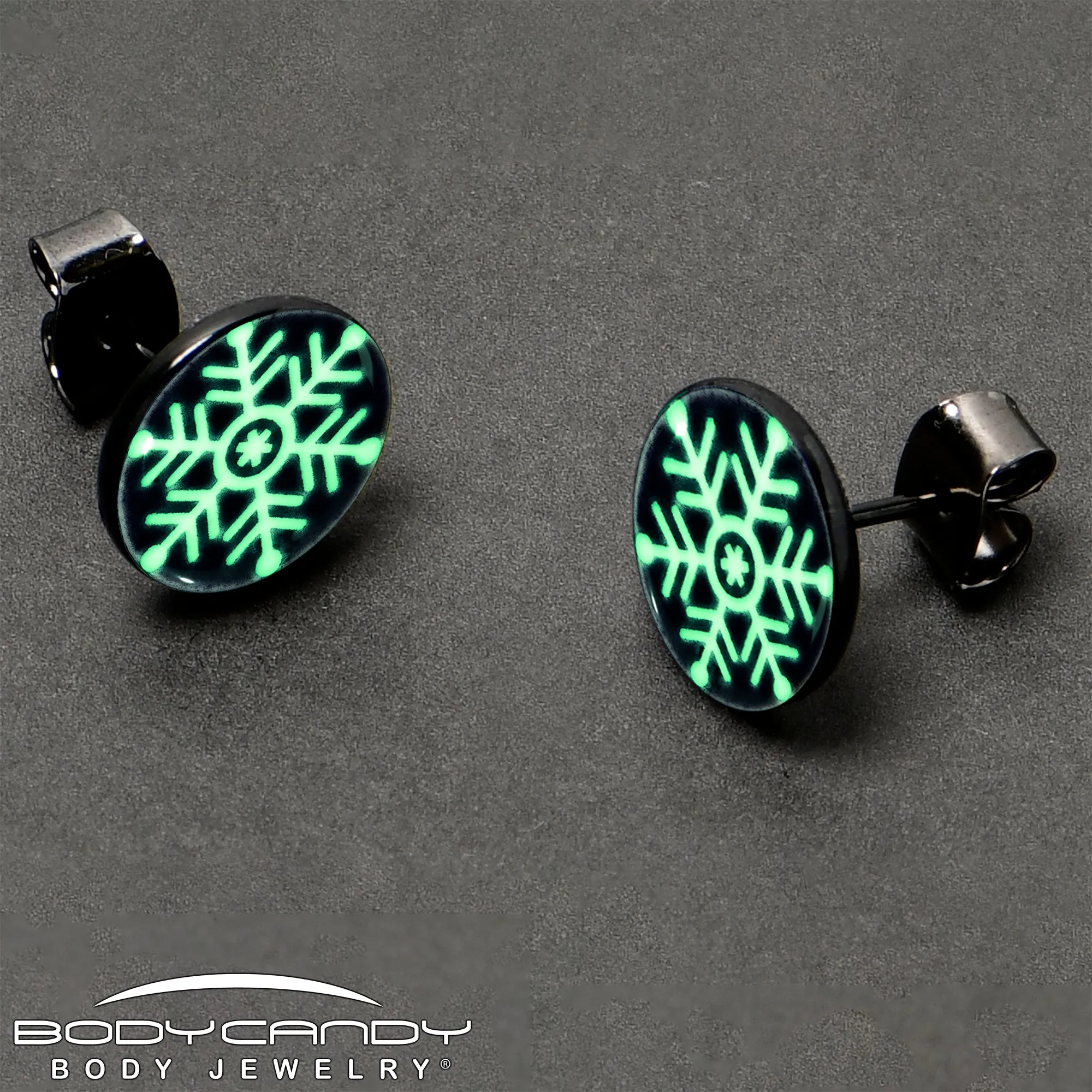 Black Anodized Glow in the Dark Holiday Snowflake Stud Earrings