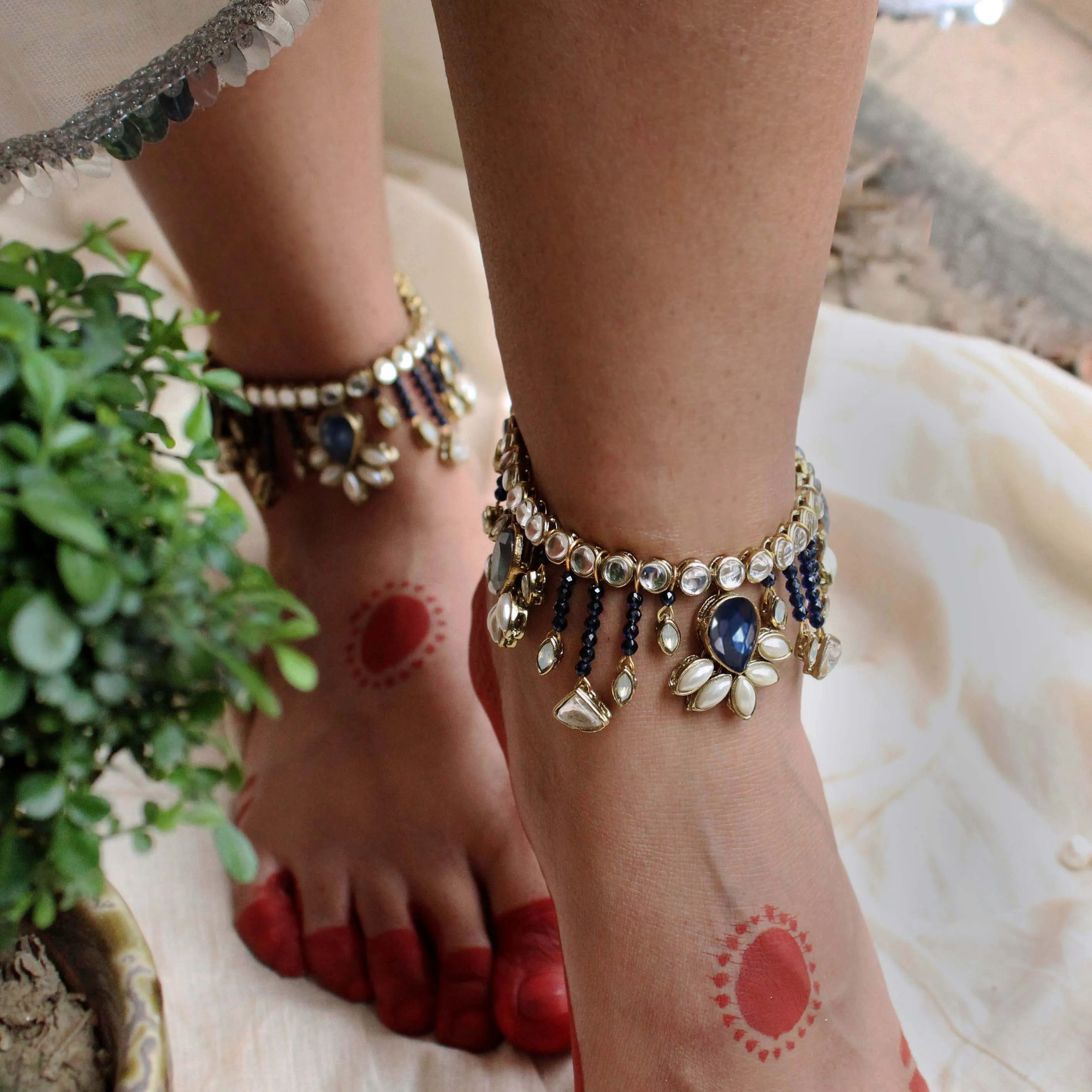 Blue Hues Adjustable Anklet - Set Of 2 Pieces