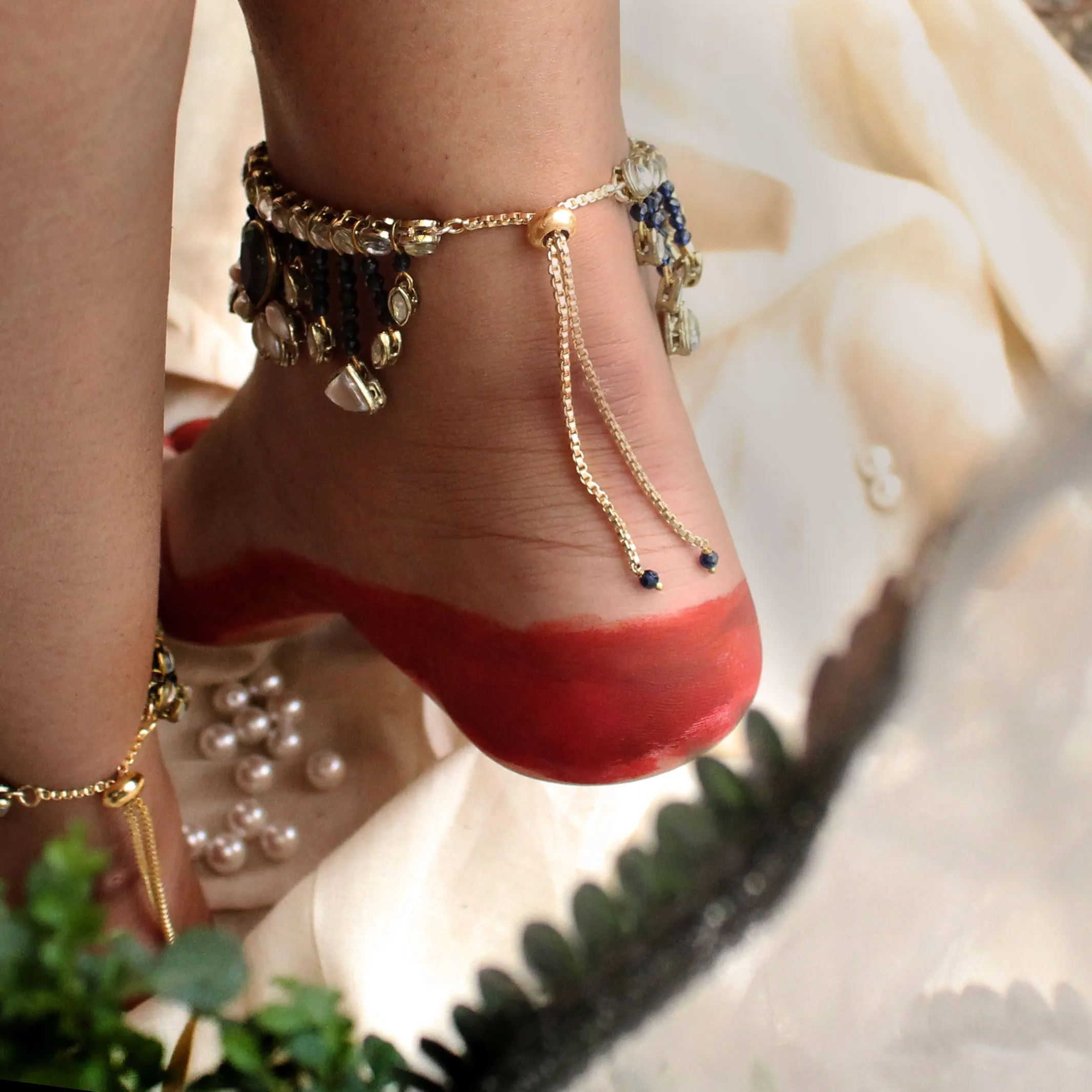 Blue Hues Adjustable Anklet - Set Of 2 Pieces