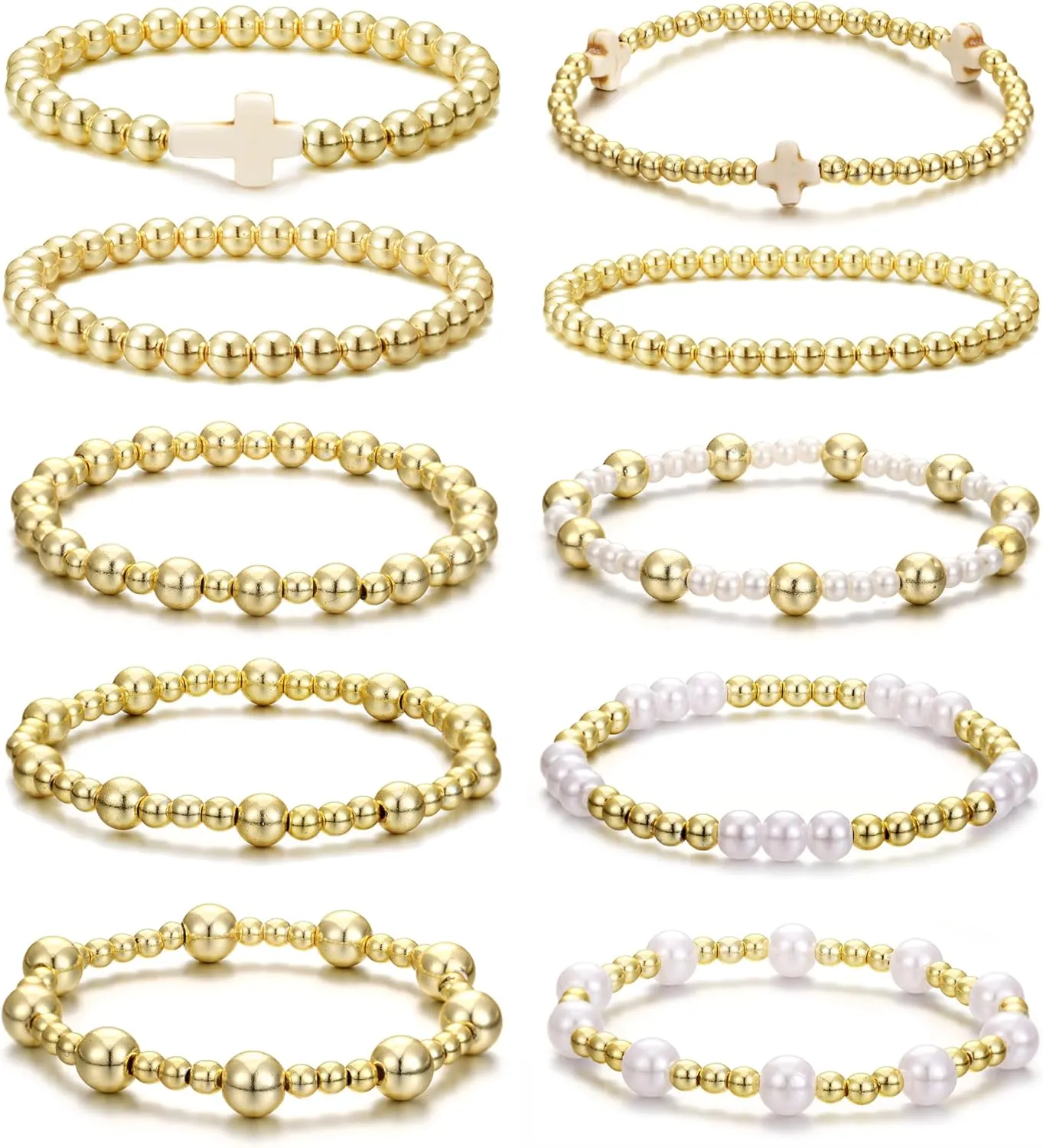 BOMAIL 10pcs Gold Beaded Bracelets for Women - Non Tarnish 14K Gold Plated Stackable Pearl Cross Dainty Gold Bracelets - Trendy Jewelry