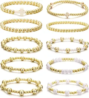 BOMAIL 10pcs Gold Beaded Bracelets for Women - Non Tarnish 14K Gold Plated Stackable Pearl Cross Dainty Gold Bracelets - Trendy Jewelry