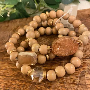 Bracelets - Wooden Bead Bracelet Set Featuring Large Druzy Accent