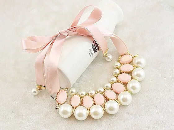 candy color Ribbon Pendant Necklace Simulated-pearl