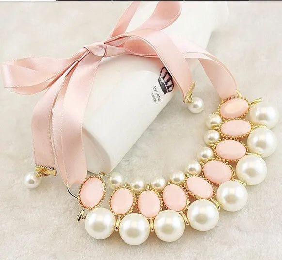 candy color Ribbon Pendant Necklace Simulated-pearl