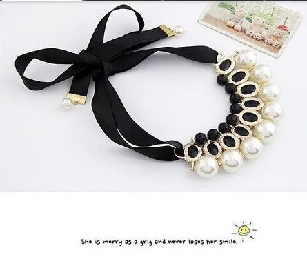 candy color Ribbon Pendant Necklace Simulated-pearl