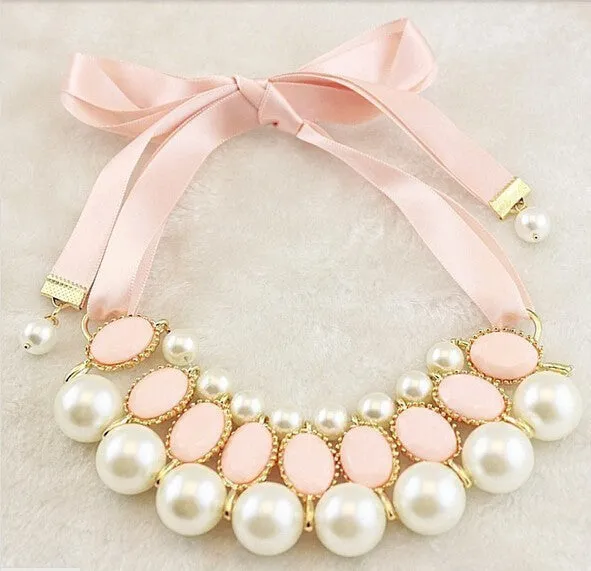 candy color Ribbon Pendant Necklace Simulated-pearl