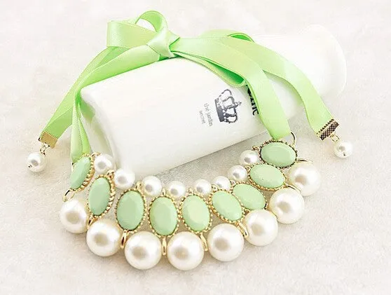 candy color Ribbon Pendant Necklace Simulated-pearl