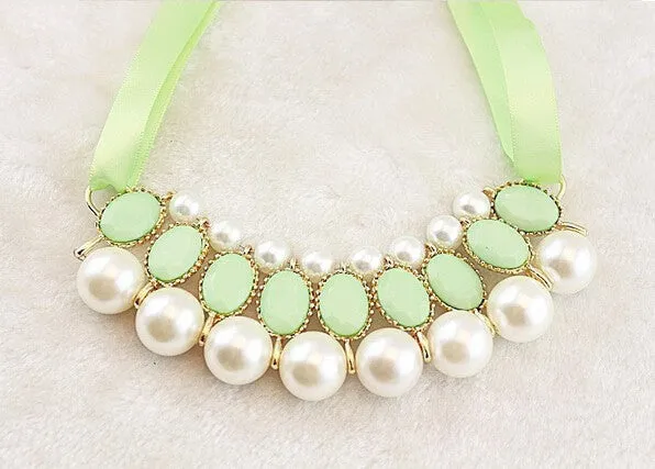 candy color Ribbon Pendant Necklace Simulated-pearl