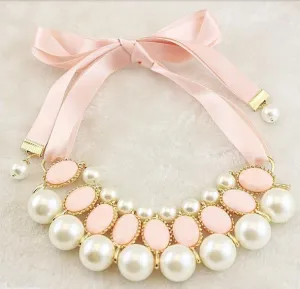 candy color Ribbon Pendant Necklace Simulated-pearl