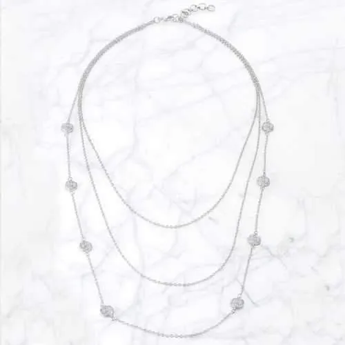 Carol 1.28ct CZ Rhodium Pave Disc Layered Station Necklace