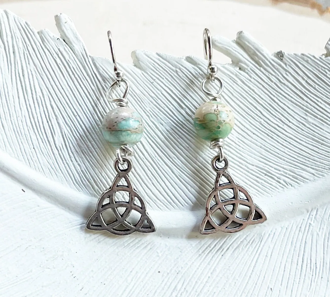 Celtic Charm and Seafoam Green Jasper Sterling Silver Earrings