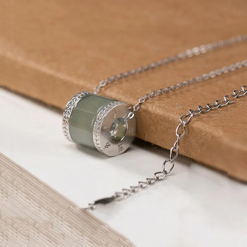 Classic Design Natural Hetian Jasper Cylinder Silver Pendant Ladies Necklace
