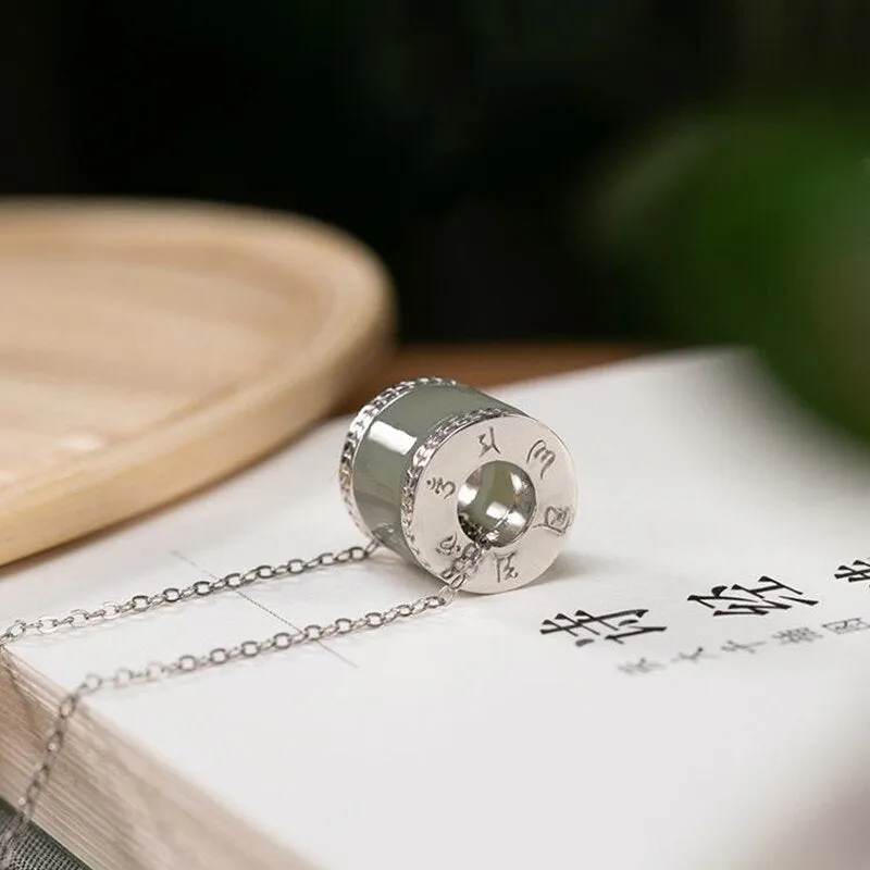 Classic Design Natural Hetian Jasper Cylinder Silver Pendant Ladies Necklace