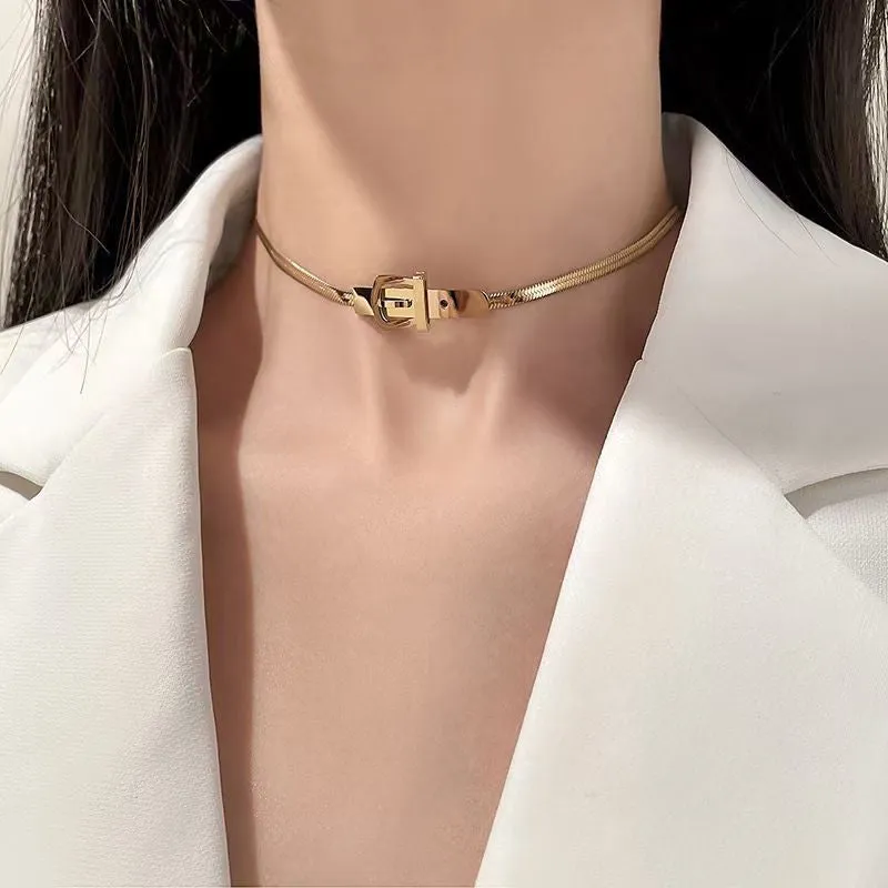 Classic Watch Buckle Shape Titanium Steel Choker Necklace For Woman