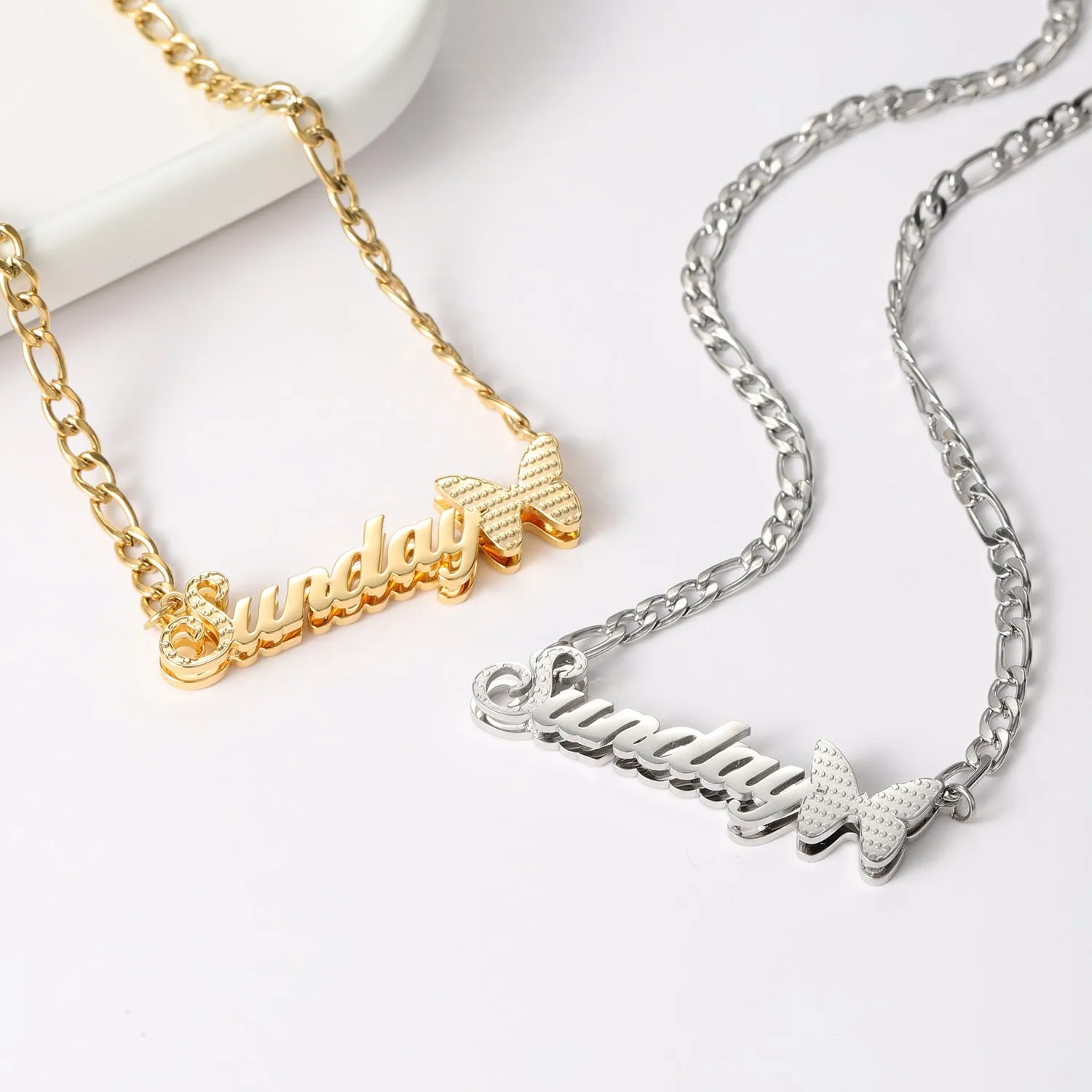 Custom Double Layer Two Tone Butterfly Nameplate Necklace QFN3144