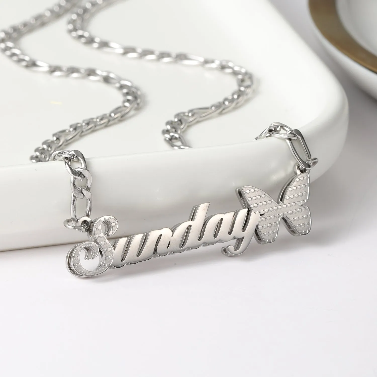 Custom Double Layer Two Tone Butterfly Nameplate Necklace QFN3144