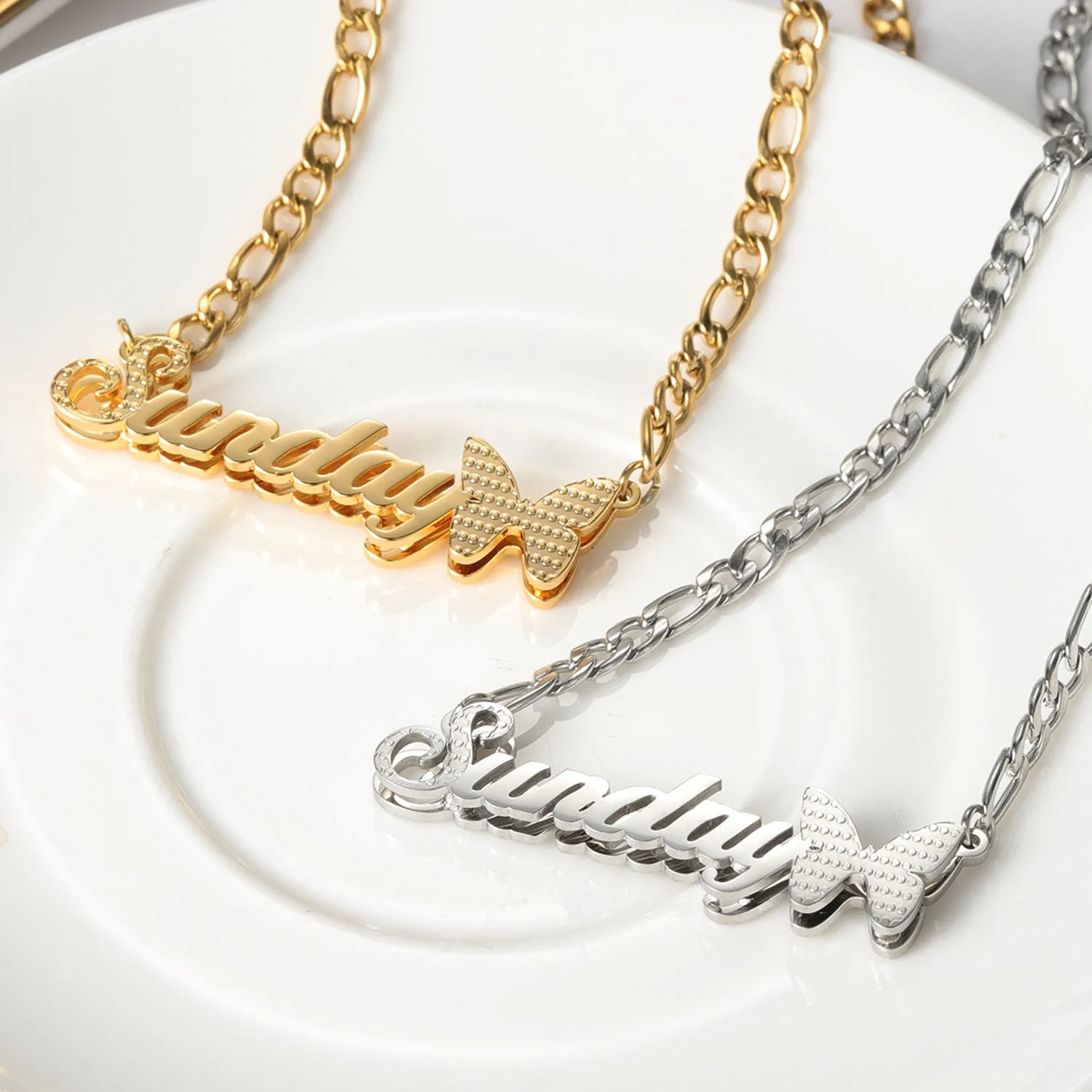 Custom Double Layer Two Tone Butterfly Nameplate Necklace QFN3144