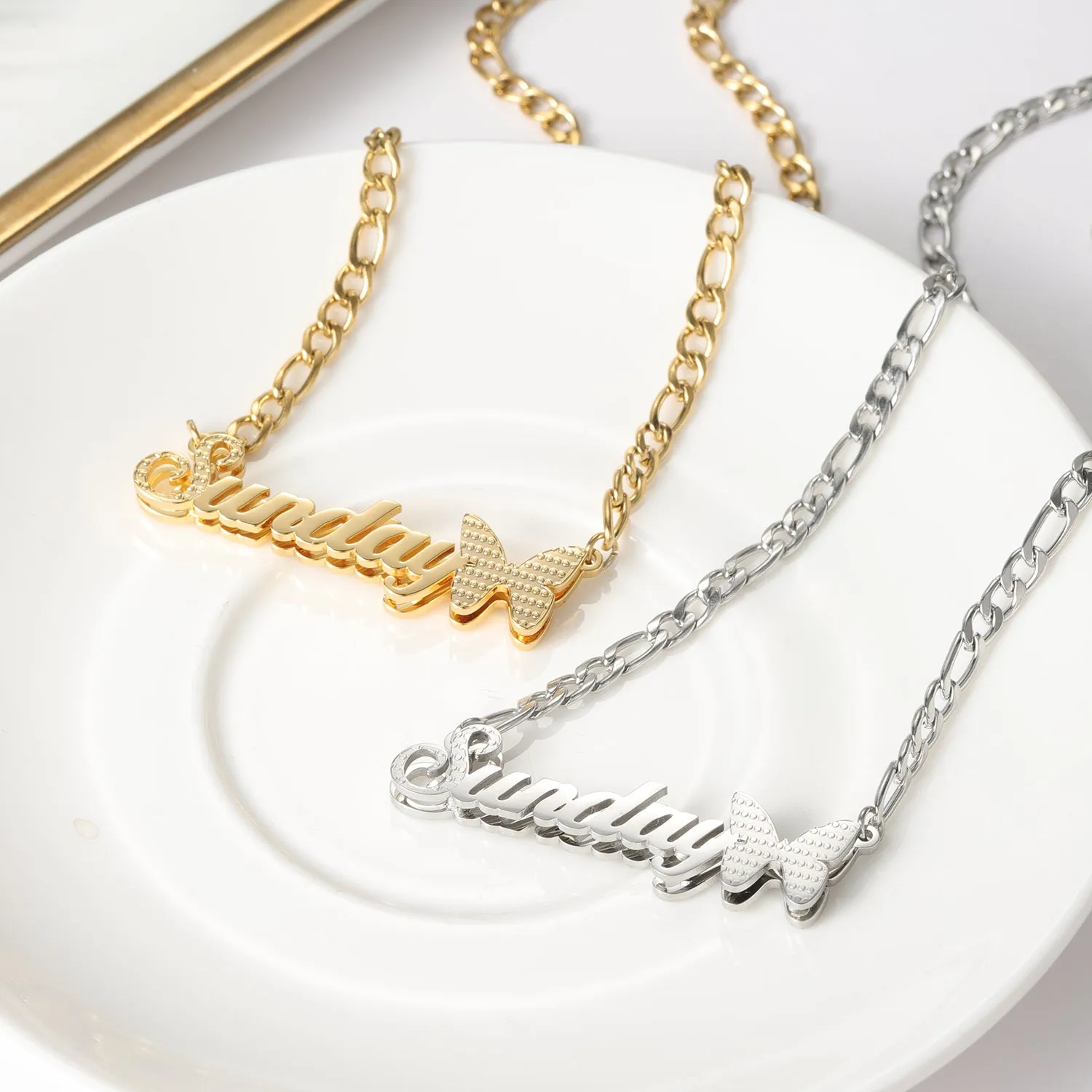 Custom Double Layer Two Tone Butterfly Nameplate Necklace QFN3144