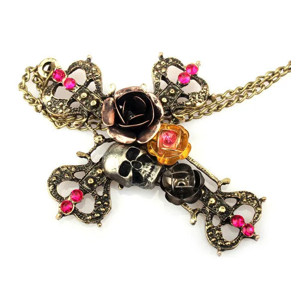 Cute Ancient Ways Cross Silvery skull And Roses Necklaces