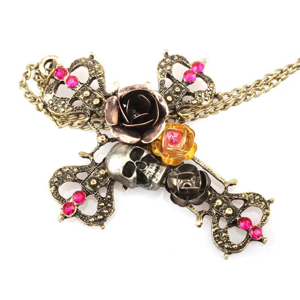Cute Ancient Ways Cross Silvery skull And Roses Necklaces