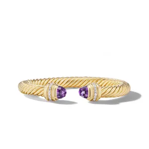 David Yurman Classic Cablespira 18k Yellow Gold with Amethyst and Diamonds 7mm Bracelet - Size Medium