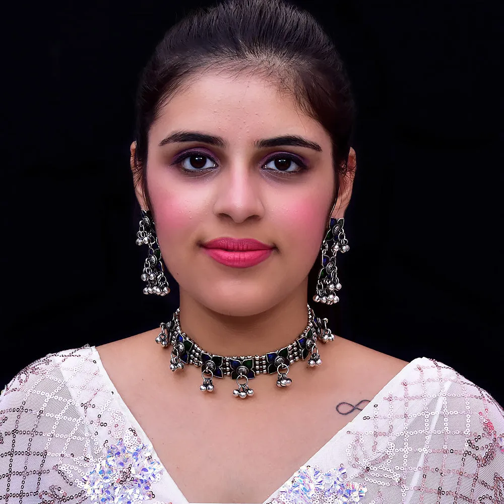 Designer Silver Oxidized Choker Style Necklace with Earrings (D492)