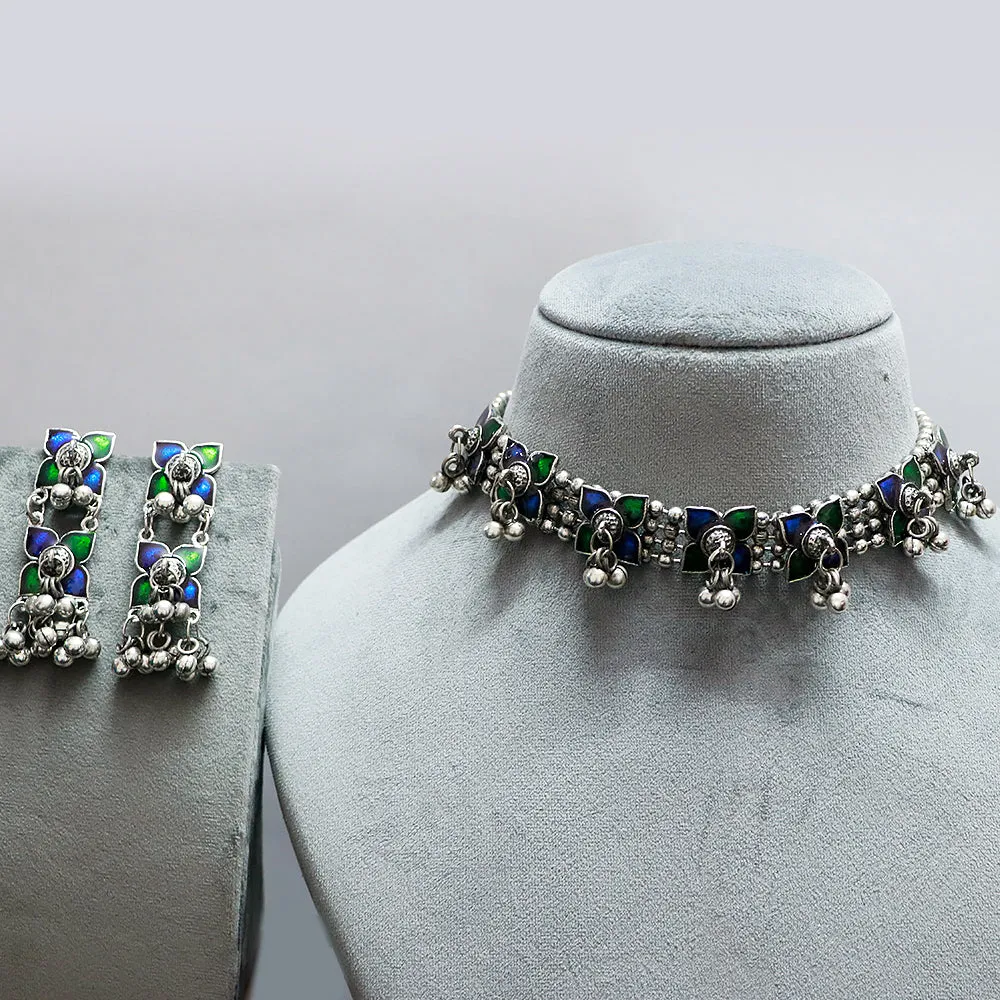 Designer Silver Oxidized Choker Style Necklace with Earrings (D492)