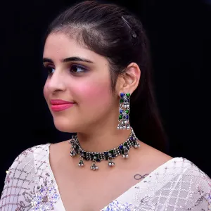 Designer Silver Oxidized Choker Style Necklace with Earrings (D492)