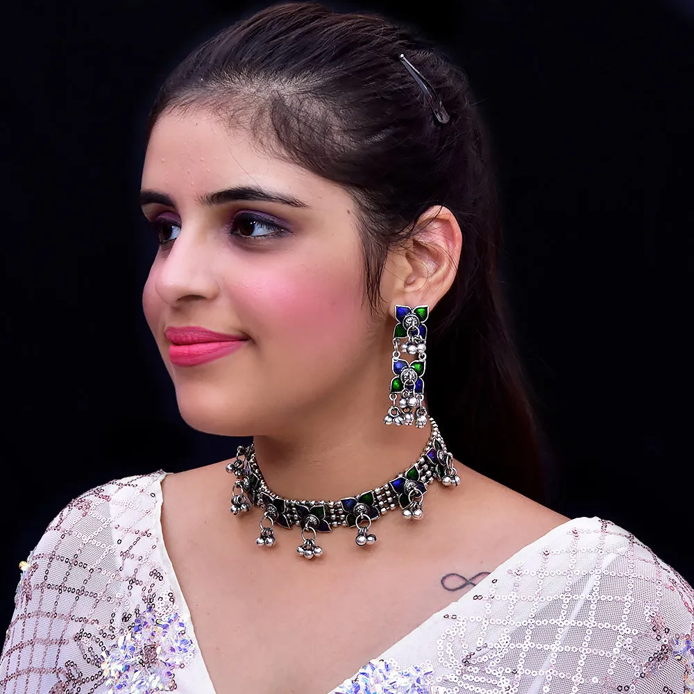 Designer Silver Oxidized Choker Style Necklace with Earrings (D492)