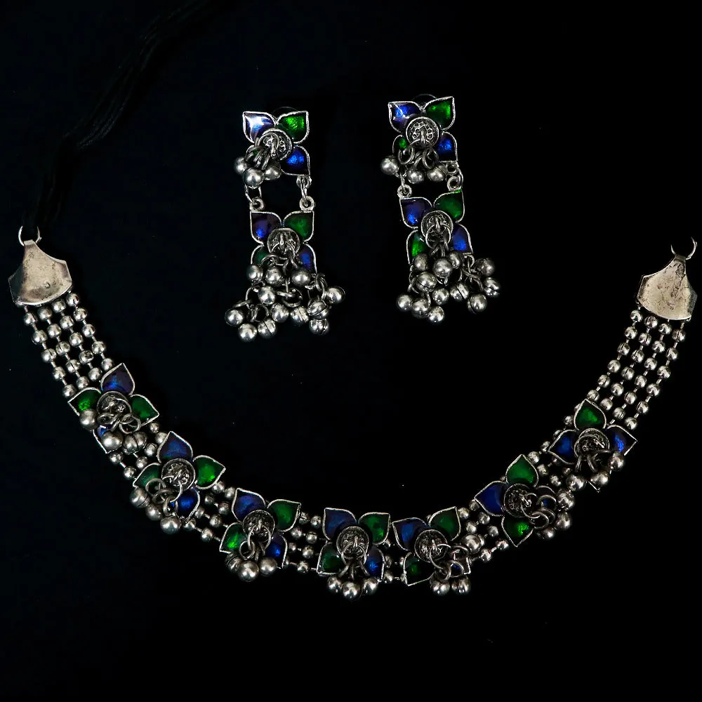 Designer Silver Oxidized Choker Style Necklace with Earrings (D492)