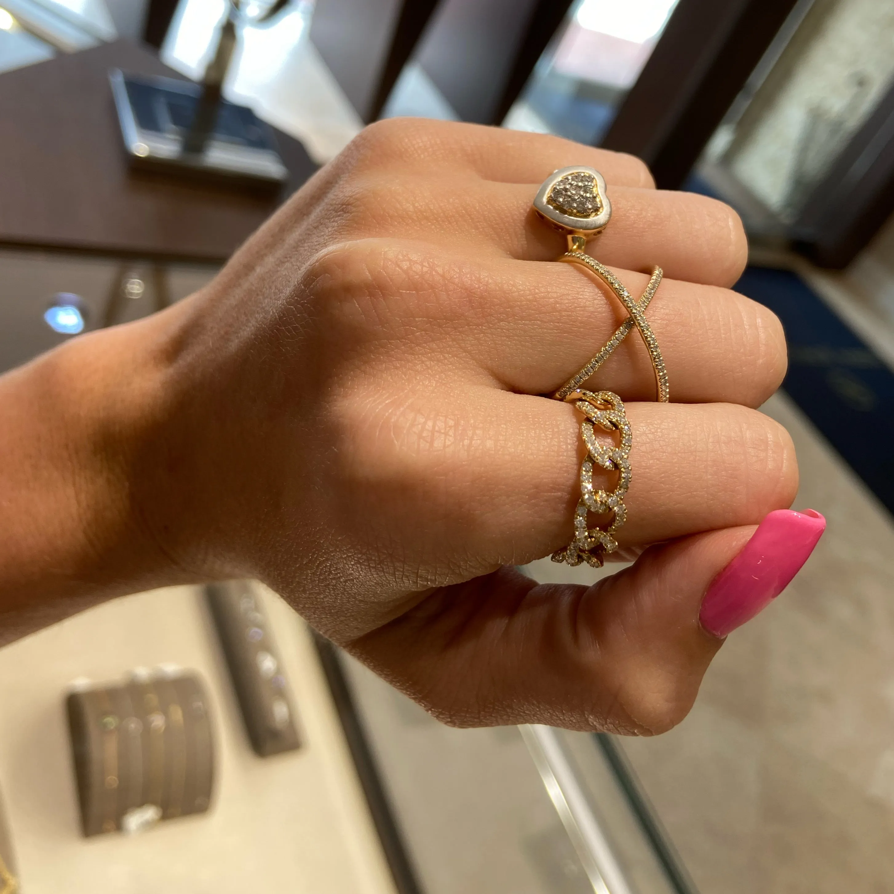 Diamond & Gold Curb Flexible Chain Ring