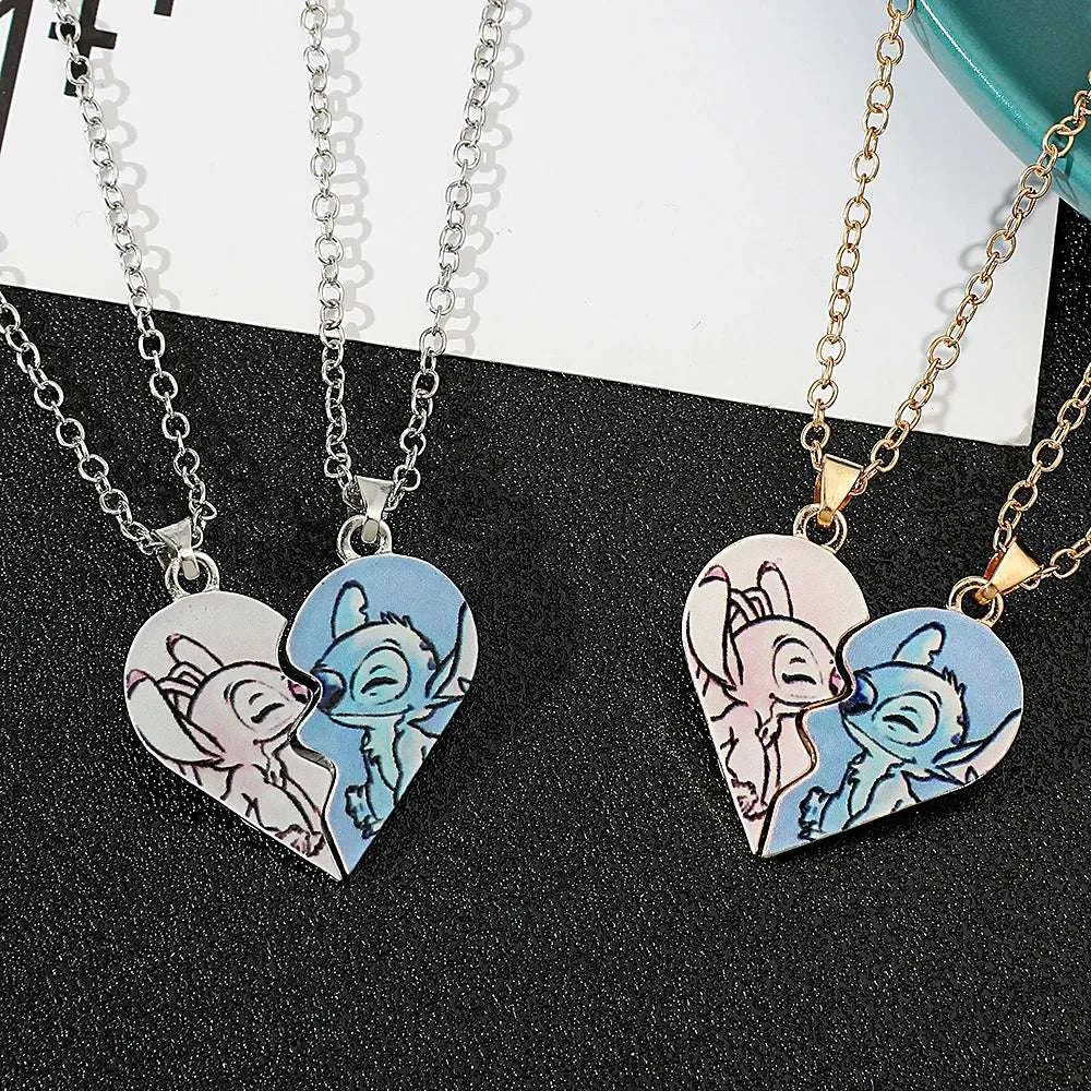 Disney's Stitch & Angel Blue & Pink Love Heart Romantic Couple Necklaces (2 Pcs)