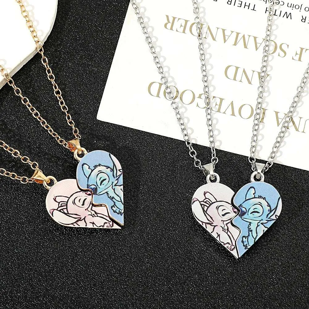Disney's Stitch & Angel Blue & Pink Love Heart Romantic Couple Necklaces (2 Pcs)