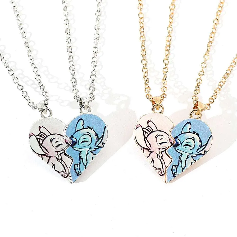 Disney's Stitch & Angel Blue & Pink Love Heart Romantic Couple Necklaces (2 Pcs)