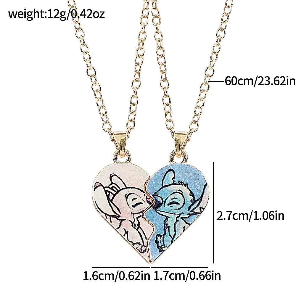 Disney's Stitch & Angel Blue & Pink Love Heart Romantic Couple Necklaces (2 Pcs)